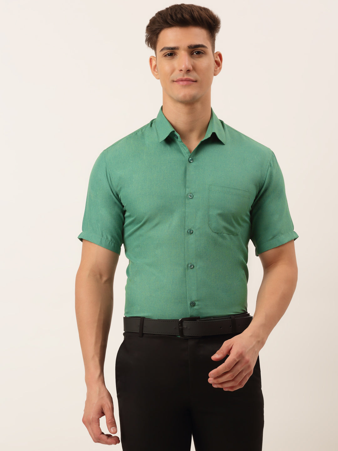 Jainish Men's Cotton Solid Half Sleeve Formal Shirts ( SF 811Green ) | Swadesiicart