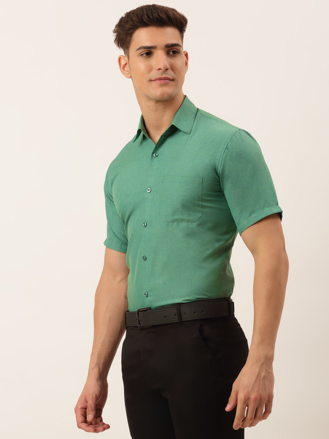 Jainish Men's Cotton Solid Half Sleeve Formal Shirts ( SF 811Green ) | Swadesiicart