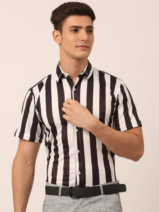 Jainish Men's Lycra Striped Half Sleeve Formal Shirts ( SF 812White ) | Swadesiicart