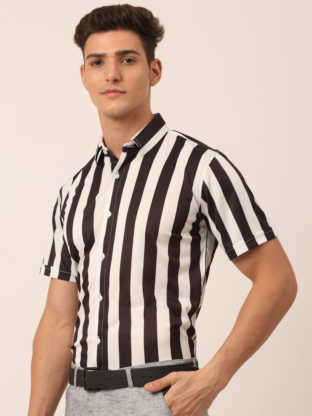 Jainish Men's Lycra Striped Half Sleeve Formal Shirts ( SF 812White ) | Swadesiicart