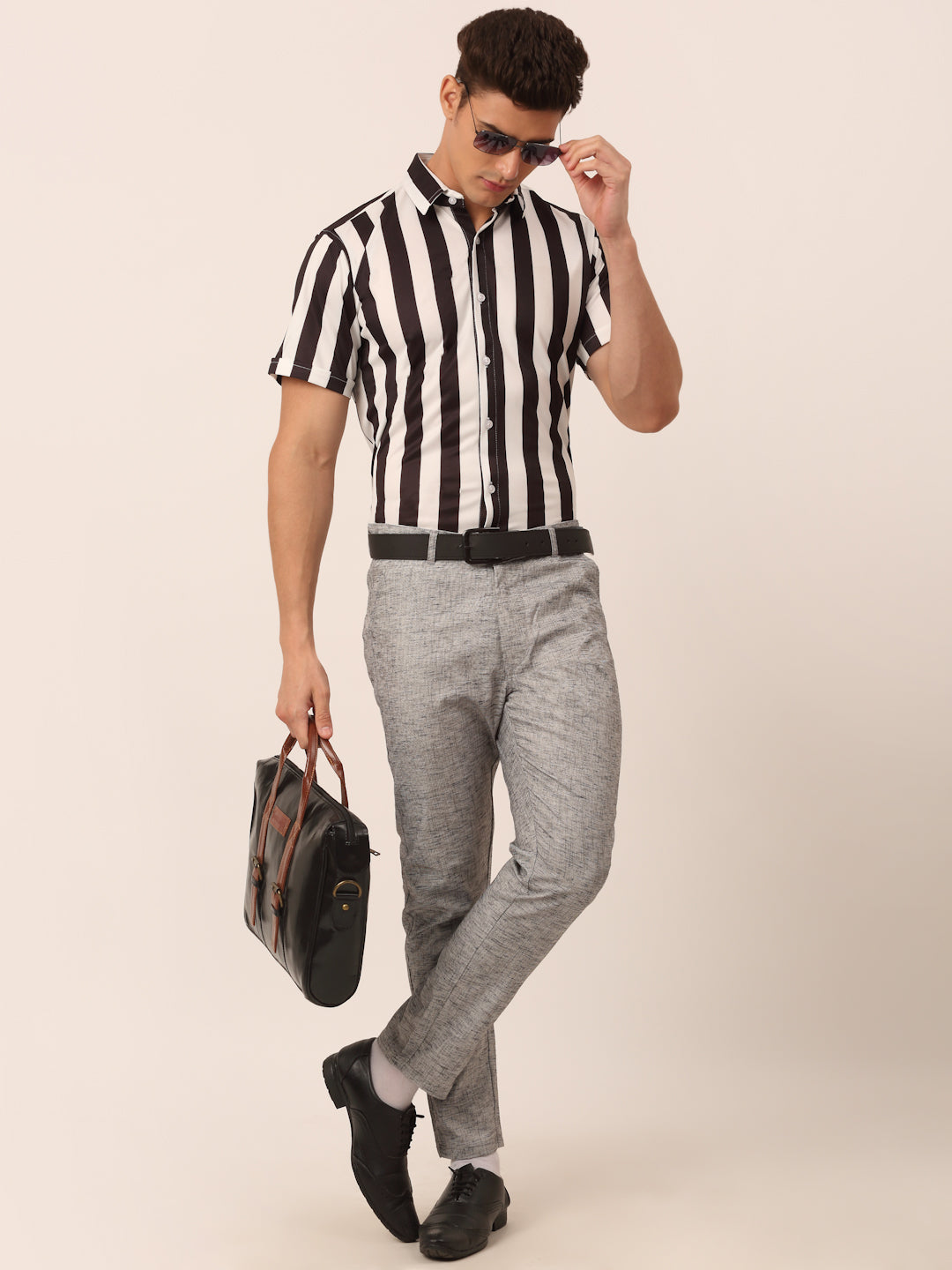 Jainish Men's Lycra Striped Half Sleeve Formal Shirts ( SF 812White ) | Swadesiicart