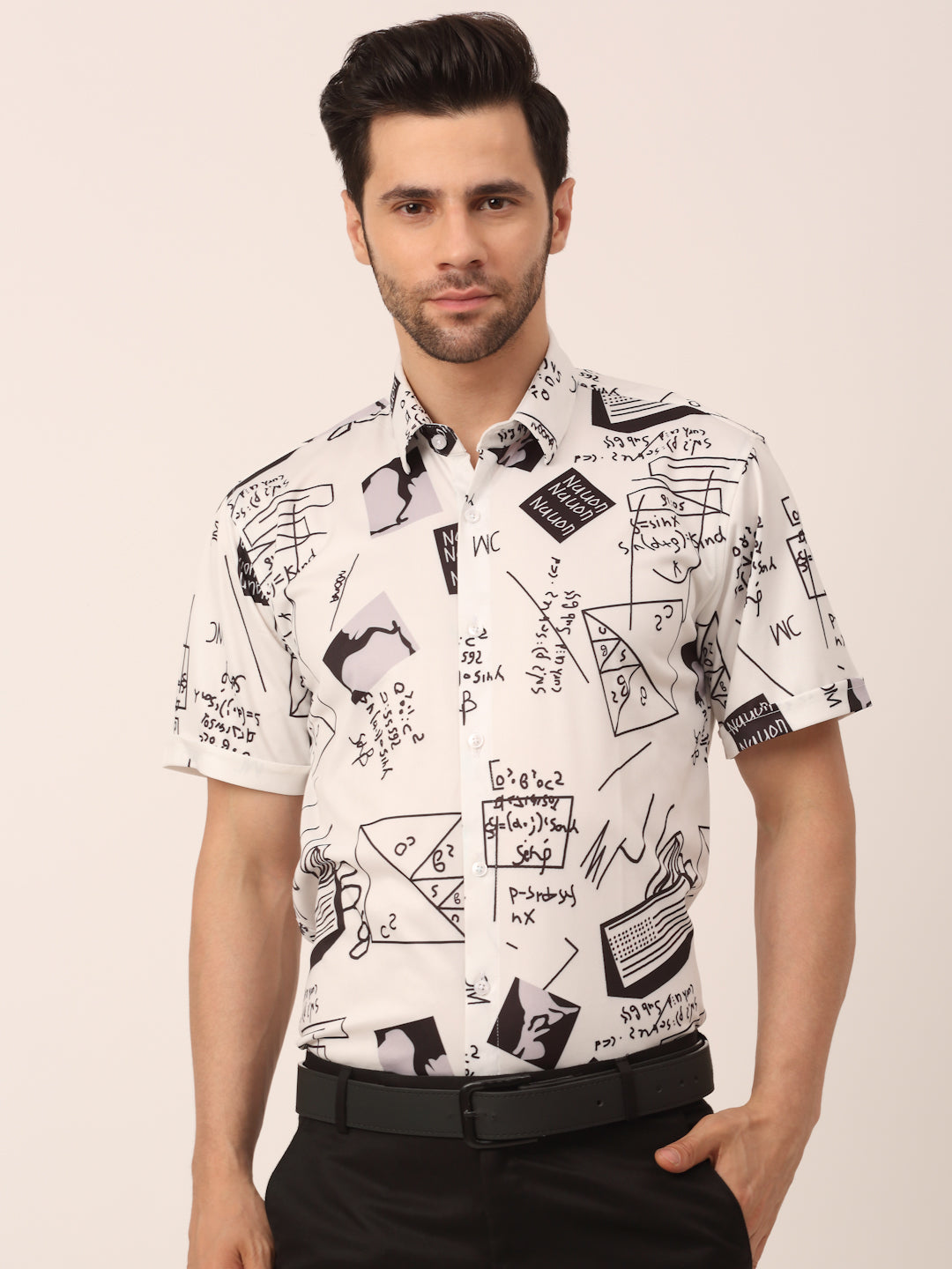 Jainish Men's Lycra Printed Half Sleeve Formal Shirts ( SF 813White ) | Swadesiicart