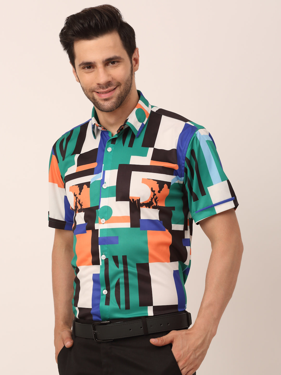 Jainish Men's Lycra Printed Half Sleeve Formal Shirts ( SF 814Green ) | Swadesiicart