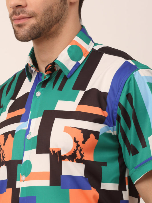 Jainish Men's Lycra Printed Half Sleeve Formal Shirts ( SF 814Green ) | Swadesiicart