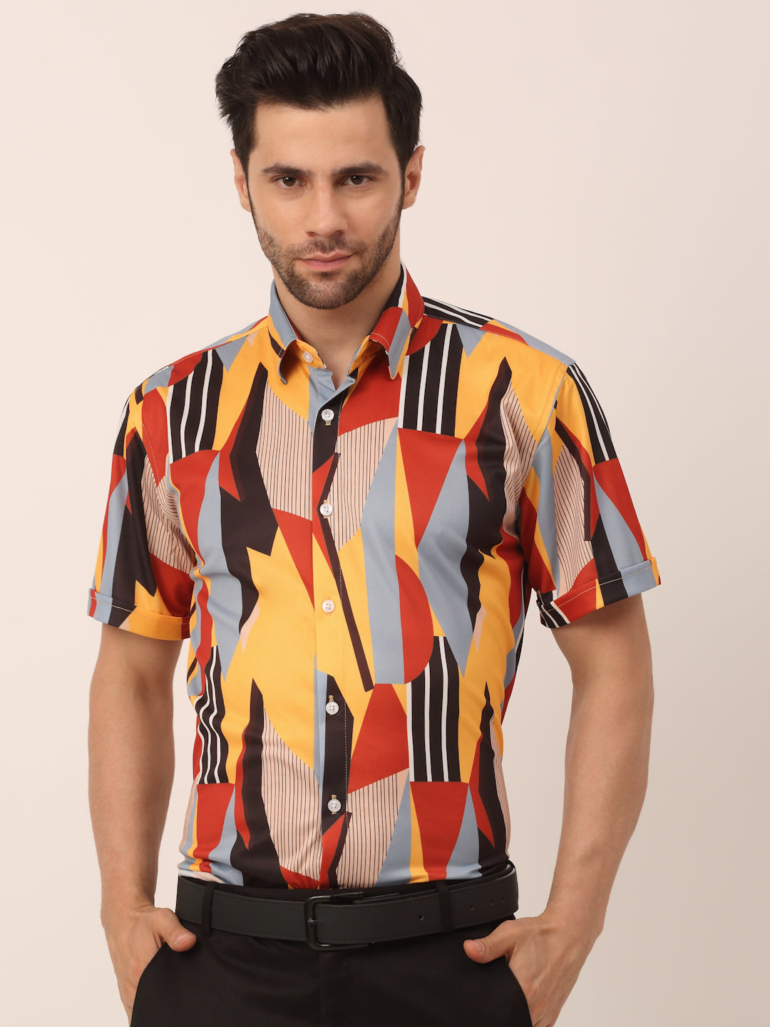 Jainish Men's Lycra Printed Half Sleeve Formal Shirts ( SF 814Yellow ) | Swadesiicart