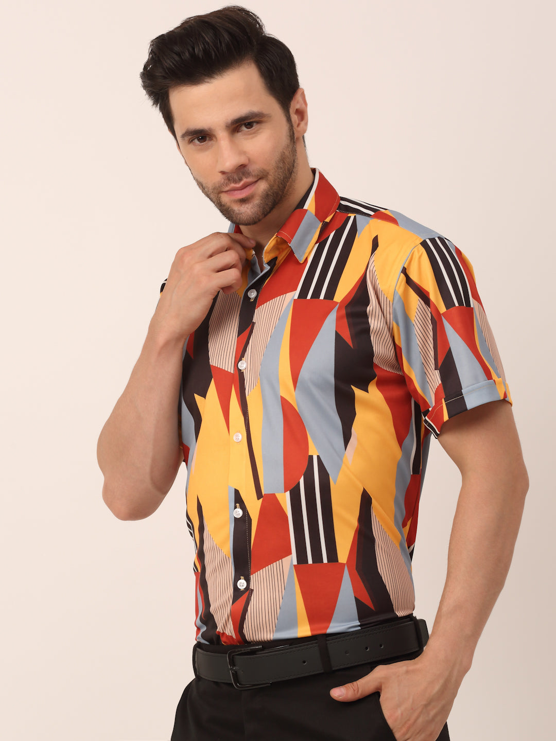 Jainish Men's Lycra Printed Half Sleeve Formal Shirts ( SF 814Yellow ) | Swadesiicart