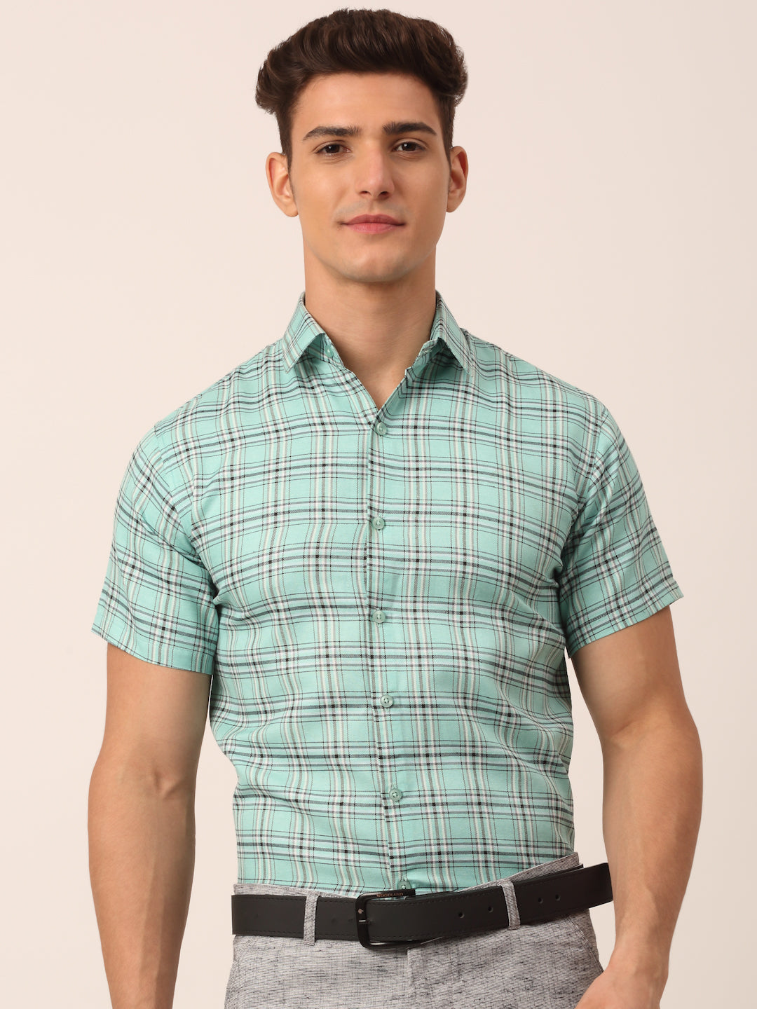 Jainish Men's Cotton Checked Half Sleeve Formal Shirts ( SF 815Green ) | Swadesiicart