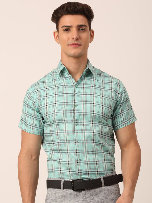 Jainish Men's Cotton Checked Half Sleeve Formal Shirts ( SF 815Green ) | Swadesiicart