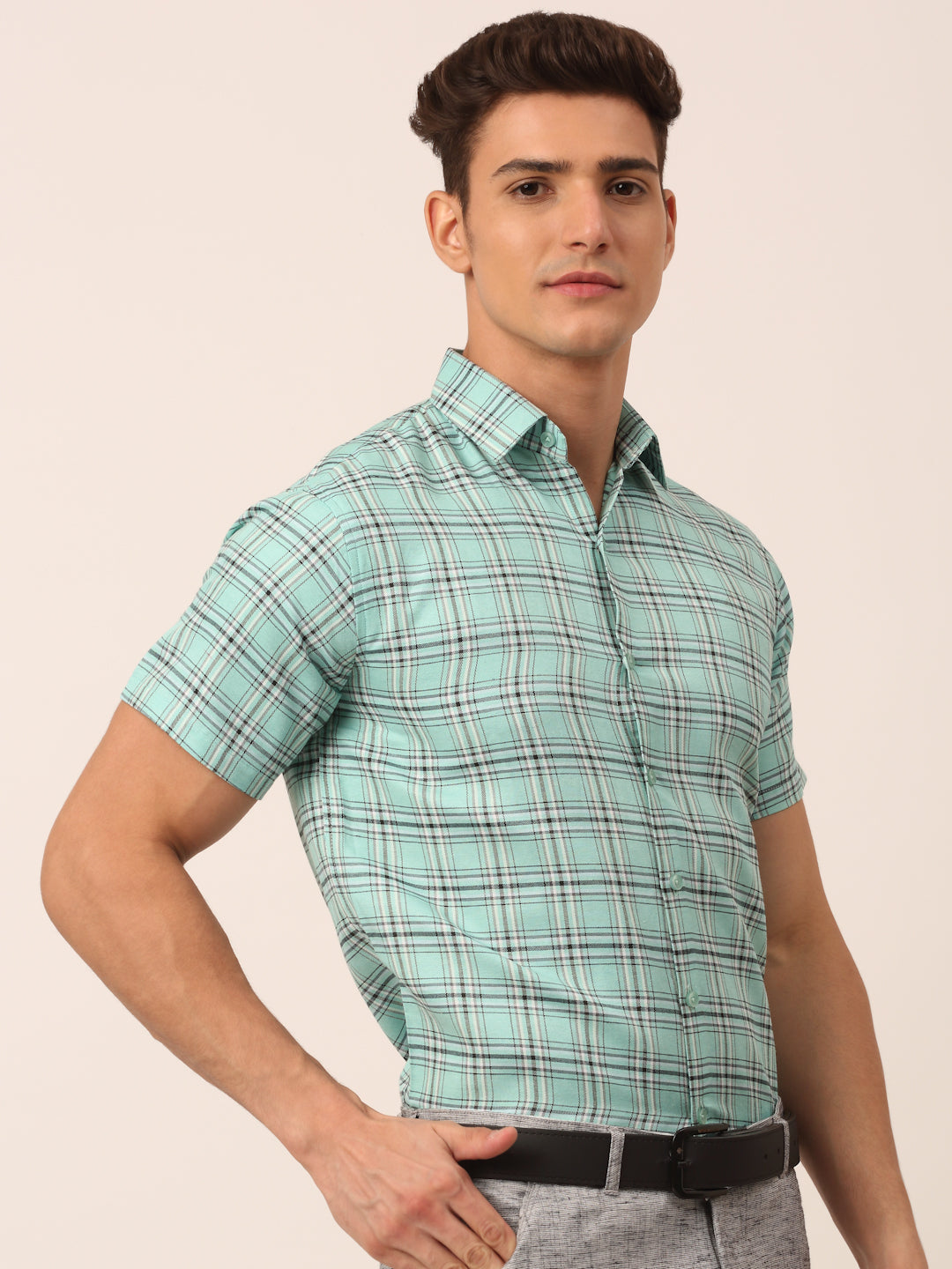Jainish Men's Cotton Checked Half Sleeve Formal Shirts ( SF 815Green ) | Swadesiicart