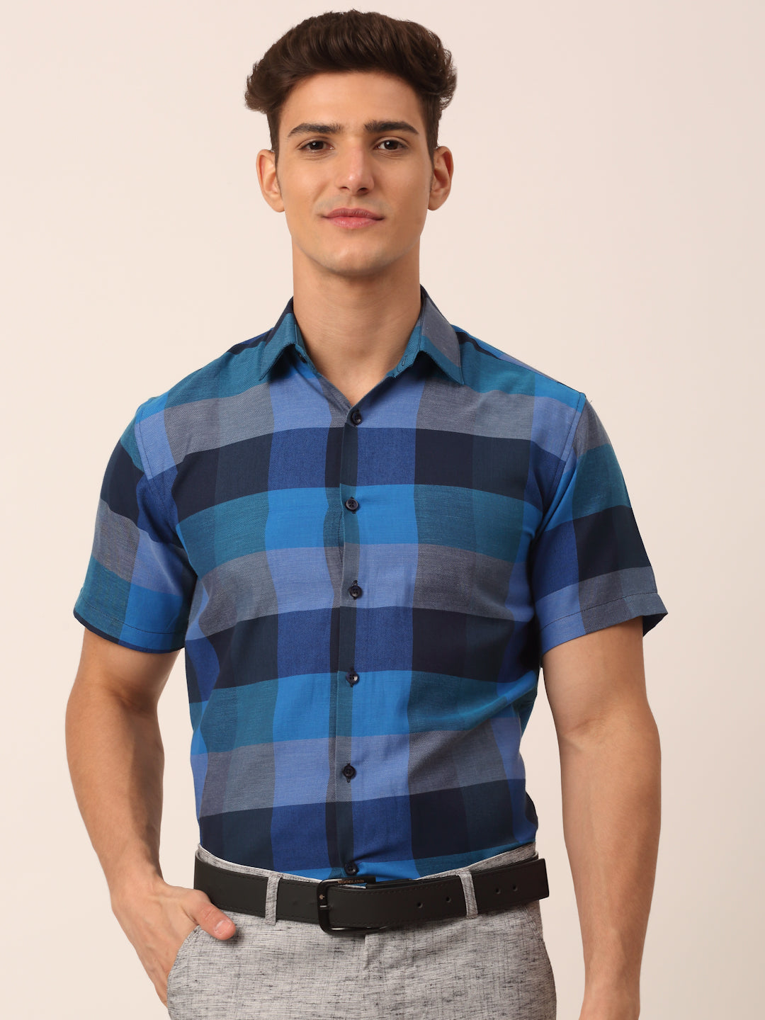 Jainish Men's Cotton Checked Half Sleeve Formal Shirts ( SF 817Blue ) | Swadesiicart