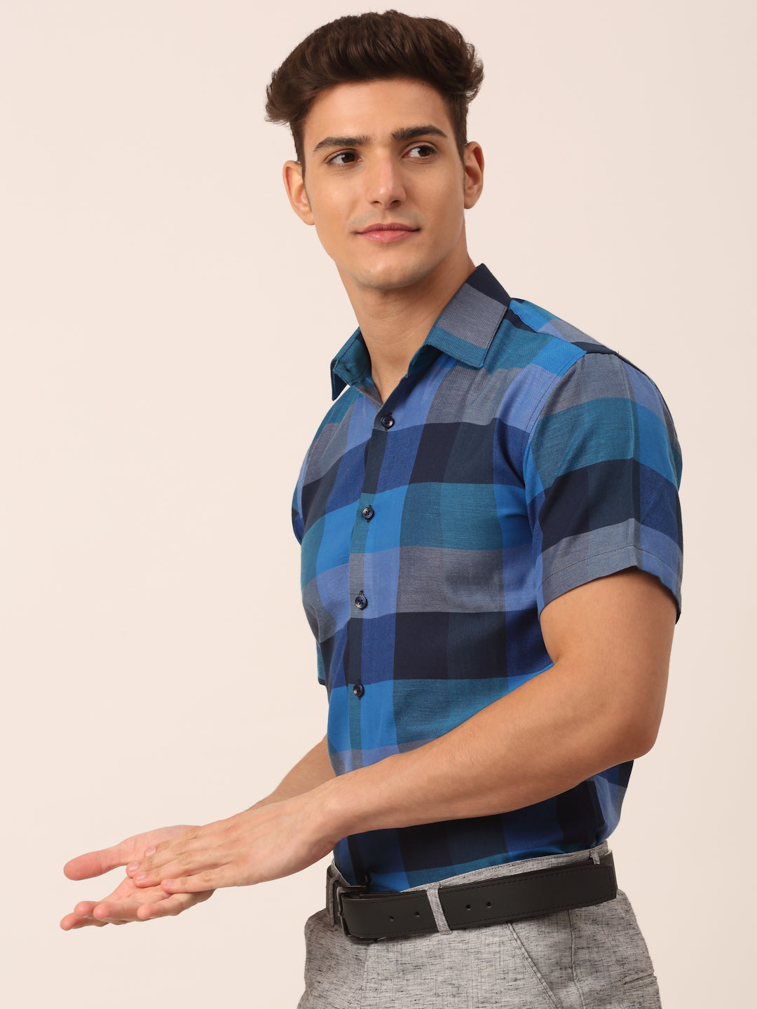 Jainish Men's Cotton Checked Half Sleeve Formal Shirts ( SF 817Blue ) | Swadesiicart
