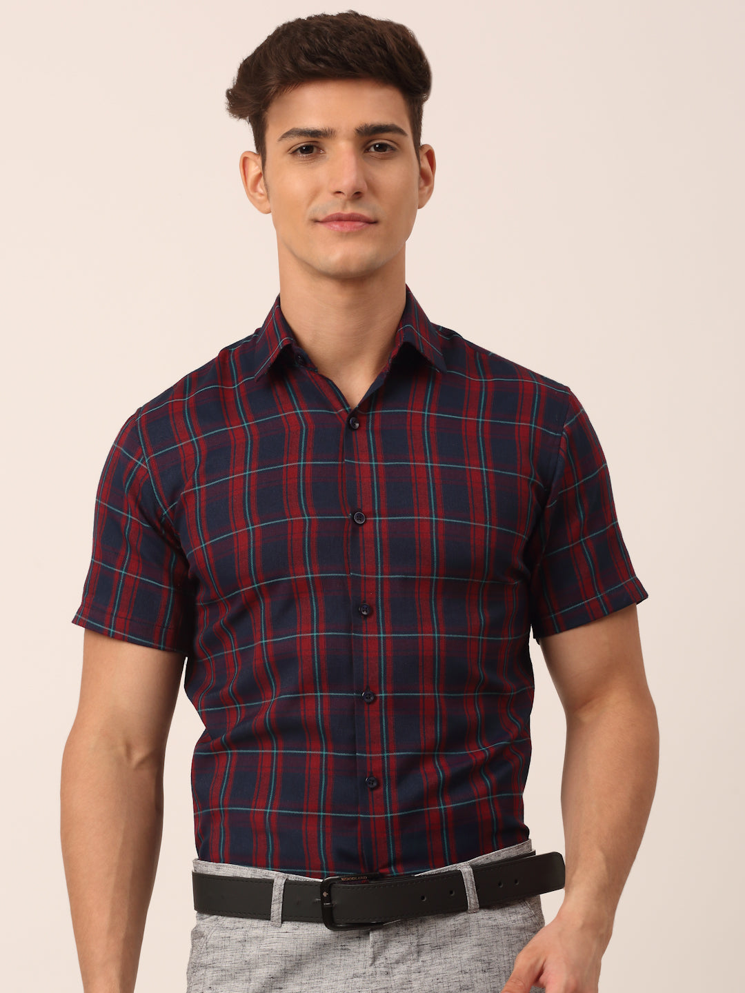 Jainish Men's Cotton Checked Half Sleeve Formal Shirts ( SF 818Red-Blue ) | Swadesiicart