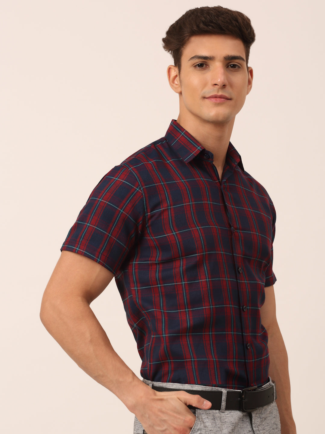 Jainish Men's Cotton Checked Half Sleeve Formal Shirts ( SF 818Red-Blue ) | Swadesiicart