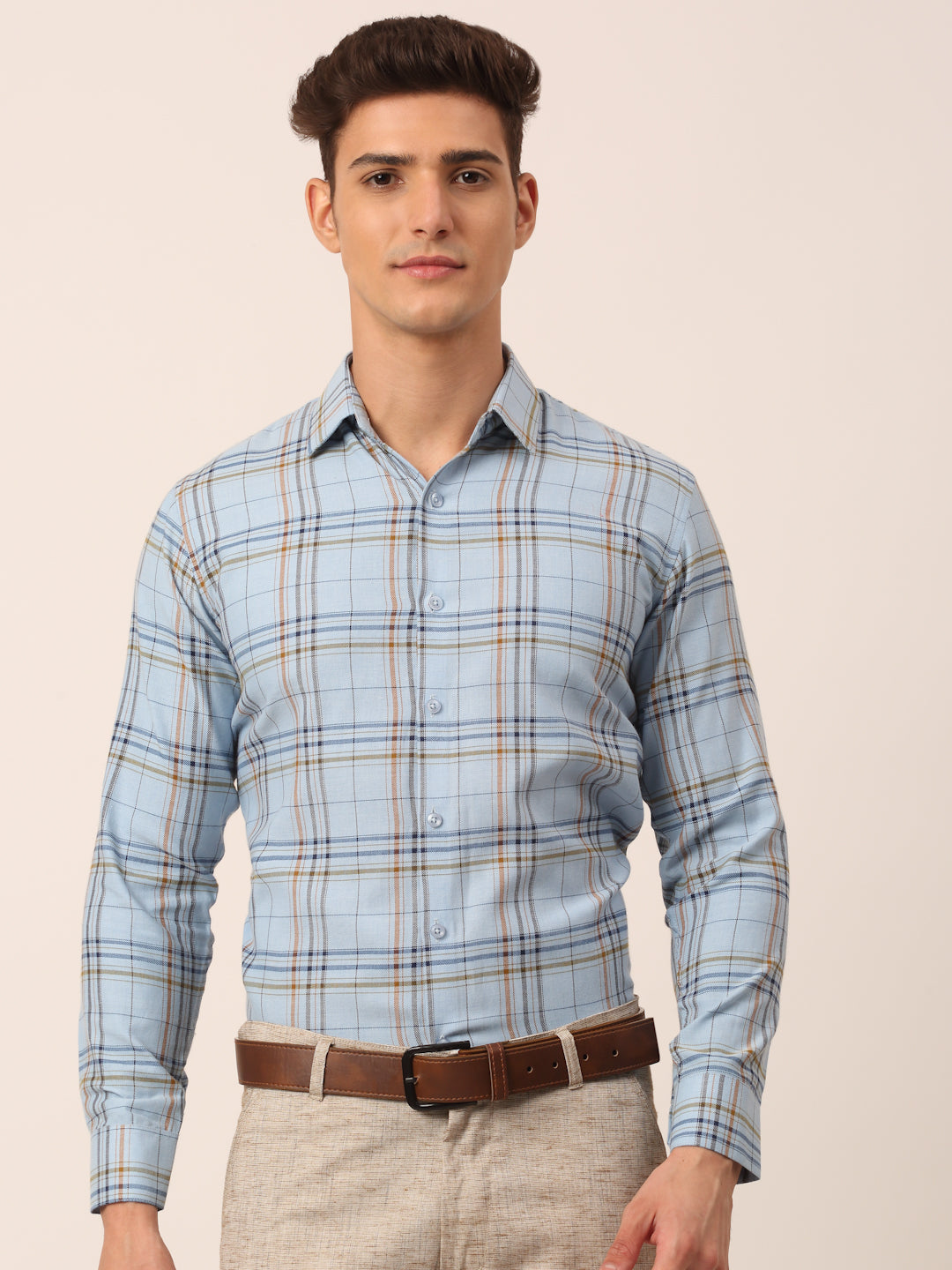 Jainish Men's Cotton Checked Formal Shirts ( SF 819Sky ) | Swadesiicart