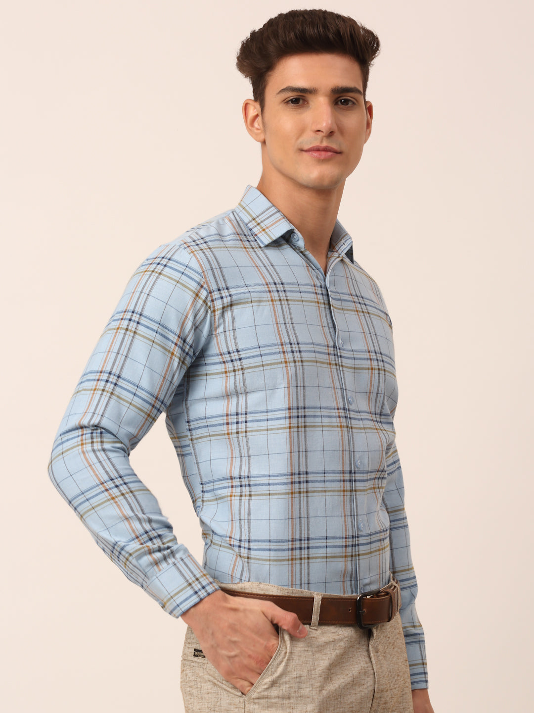 Jainish Men's Cotton Checked Formal Shirts ( SF 819Sky ) | Swadesiicart
