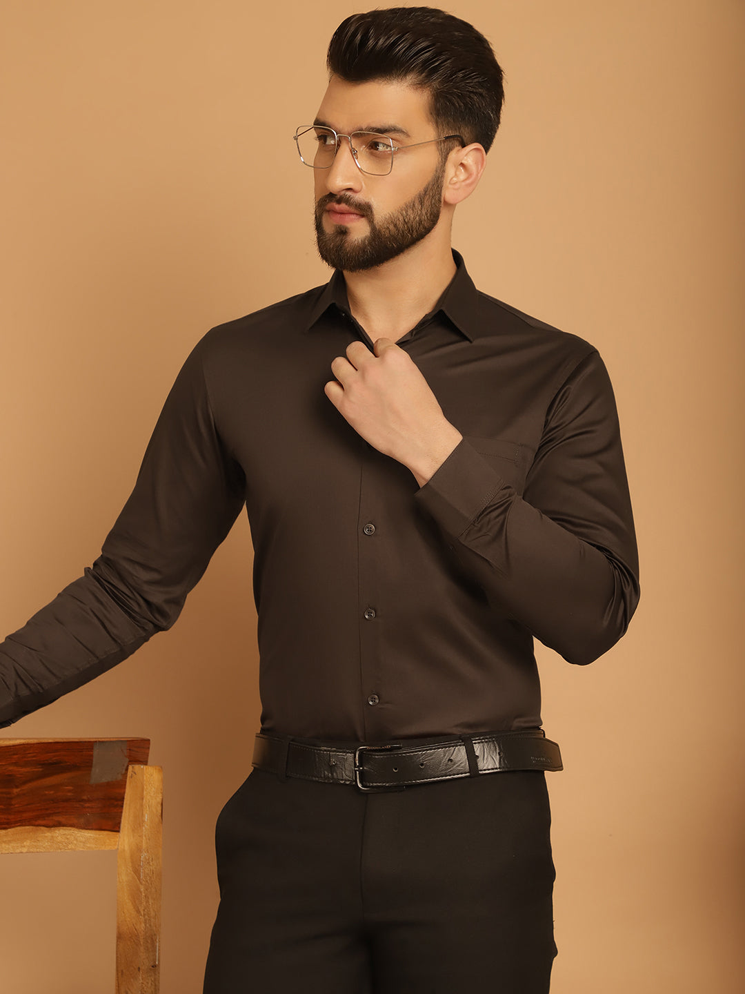 Indian Needle Men's Cotton Solid Formal Shirt - Coffee | Swadesiicart