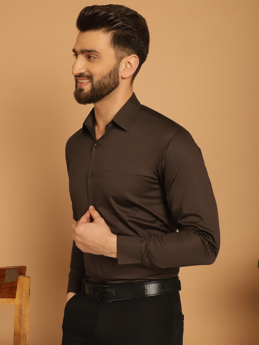 Indian Needle Men's Cotton Solid Formal Shirt - Coffee | Swadesiicart