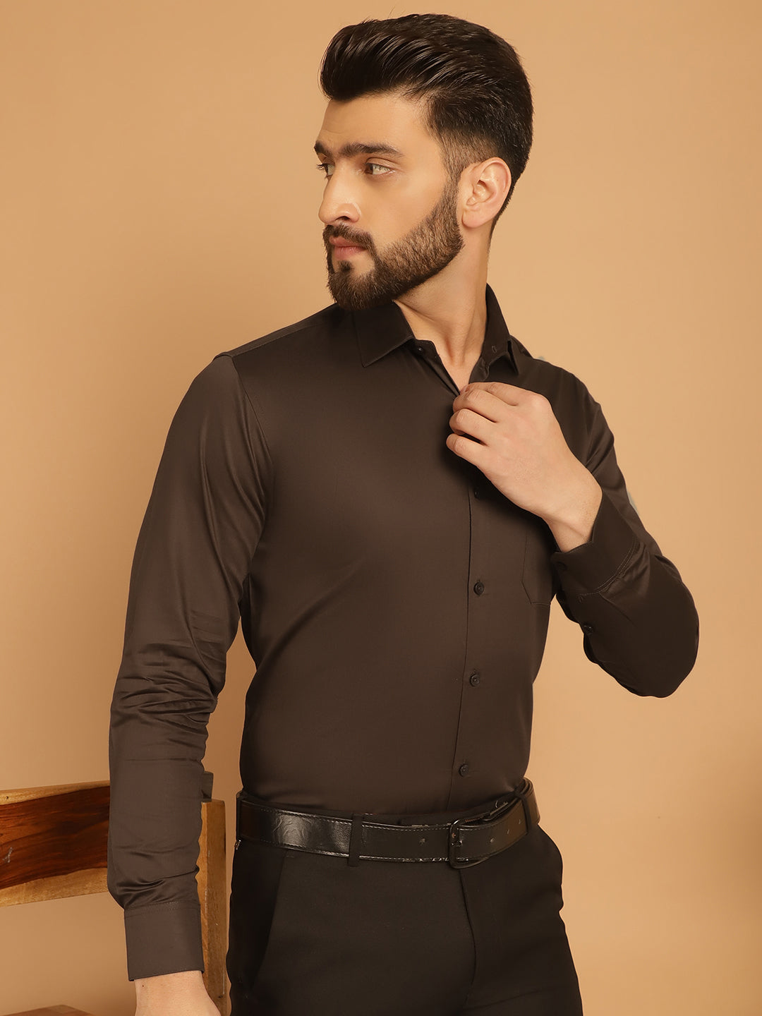 Indian Needle Men's Cotton Solid Formal Shirt - Coffee | Swadesiicart