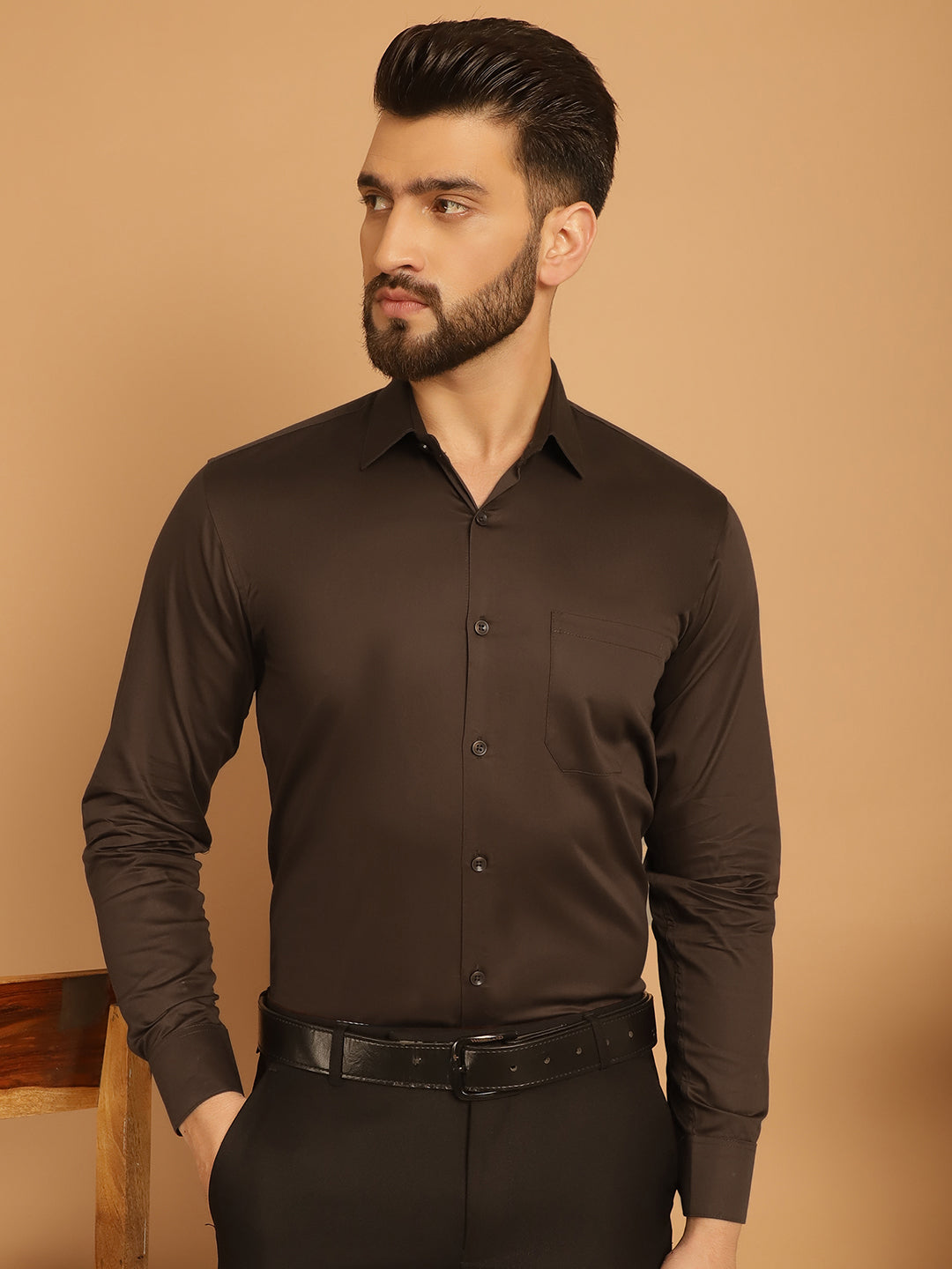 Indian Needle Men's Cotton Solid Formal Shirt - Coffee | Swadesiicart