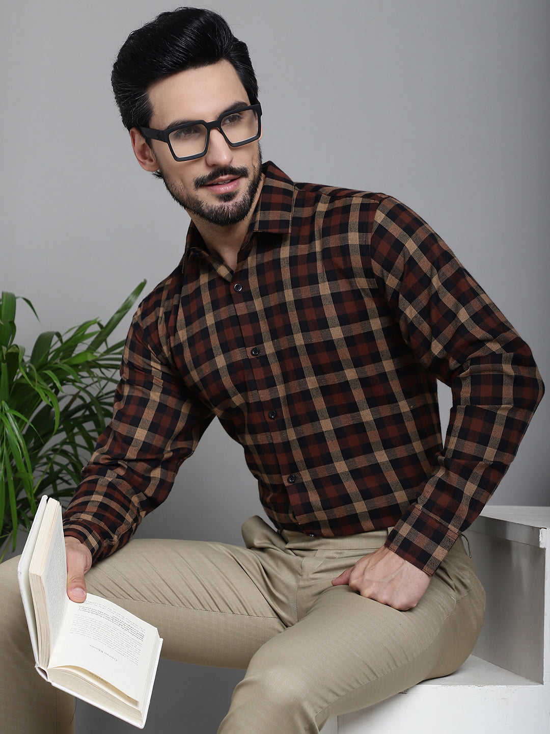 Indian Needle Men's Checked Formal Shirt - Brown | Swadesiicart