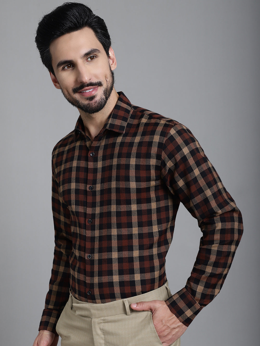 Indian Needle Men's Checked Formal Shirt - Brown | Swadesiicart