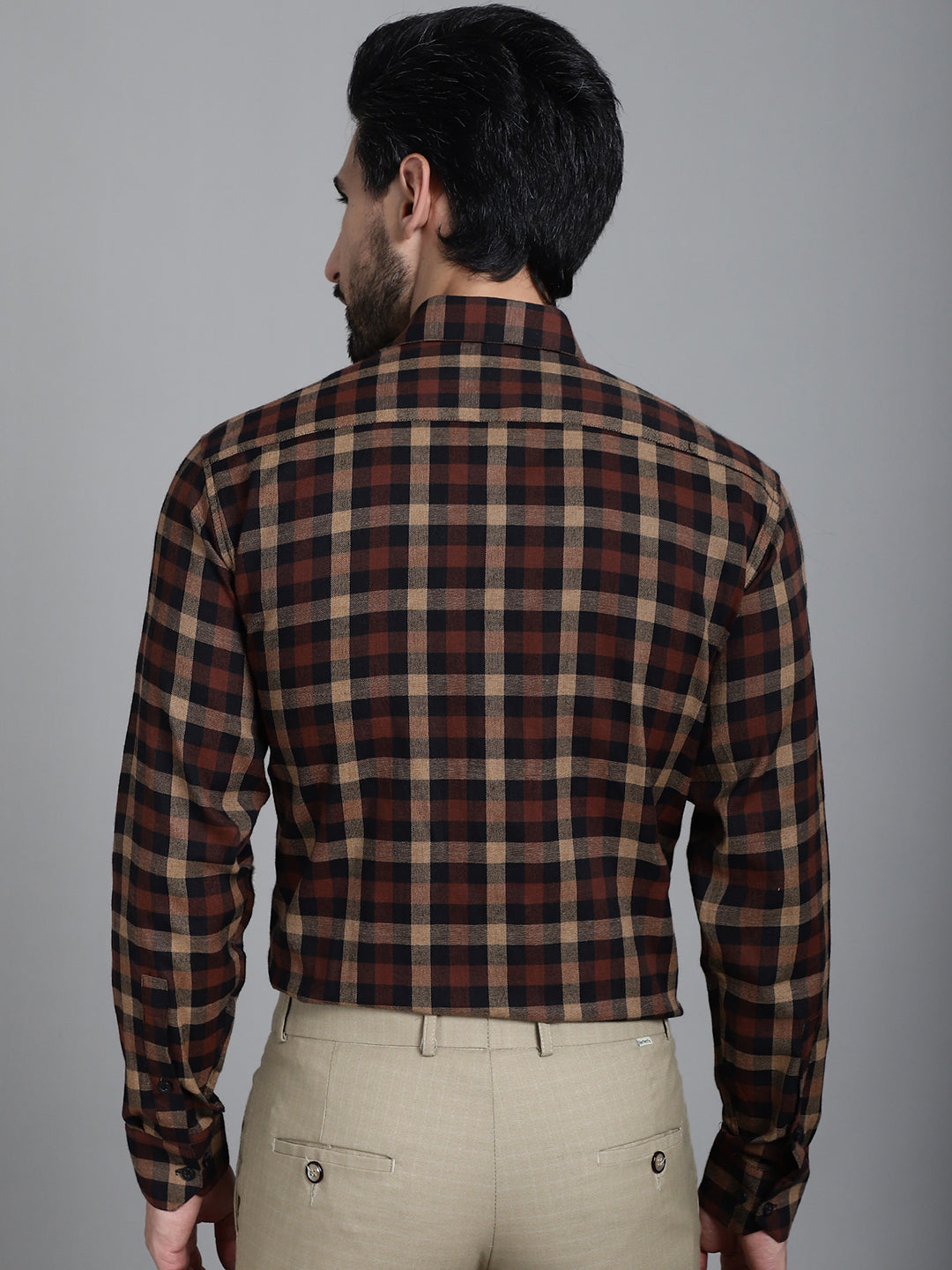 Indian Needle Men's Checked Formal Shirt - Brown | Swadesiicart