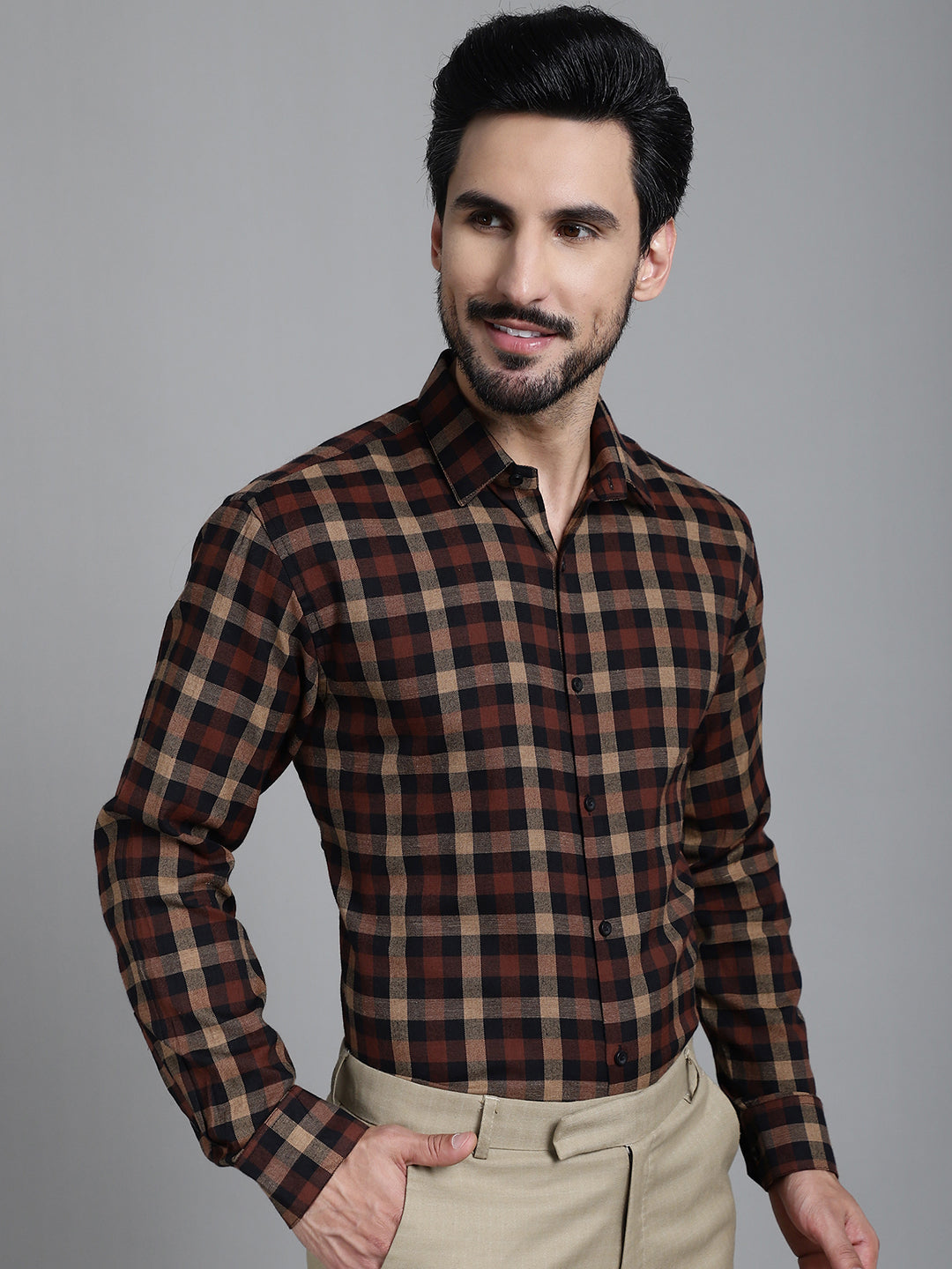 Indian Needle Men's Checked Formal Shirt - Brown | Swadesiicart
