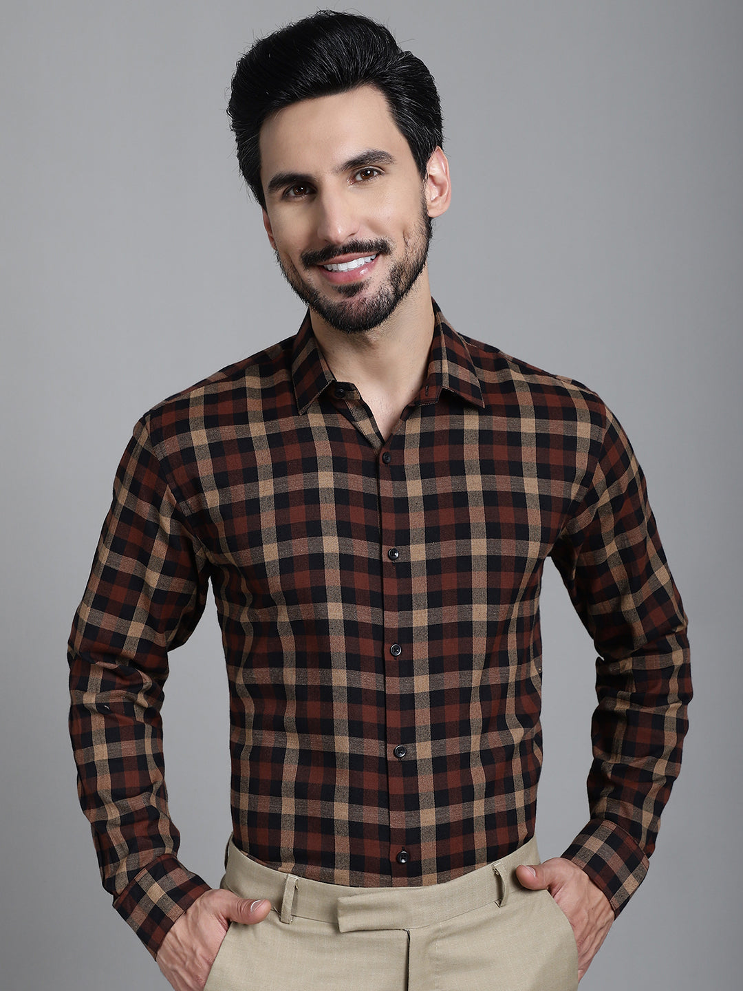 Indian Needle Men's Checked Formal Shirt - Brown | Swadesiicart