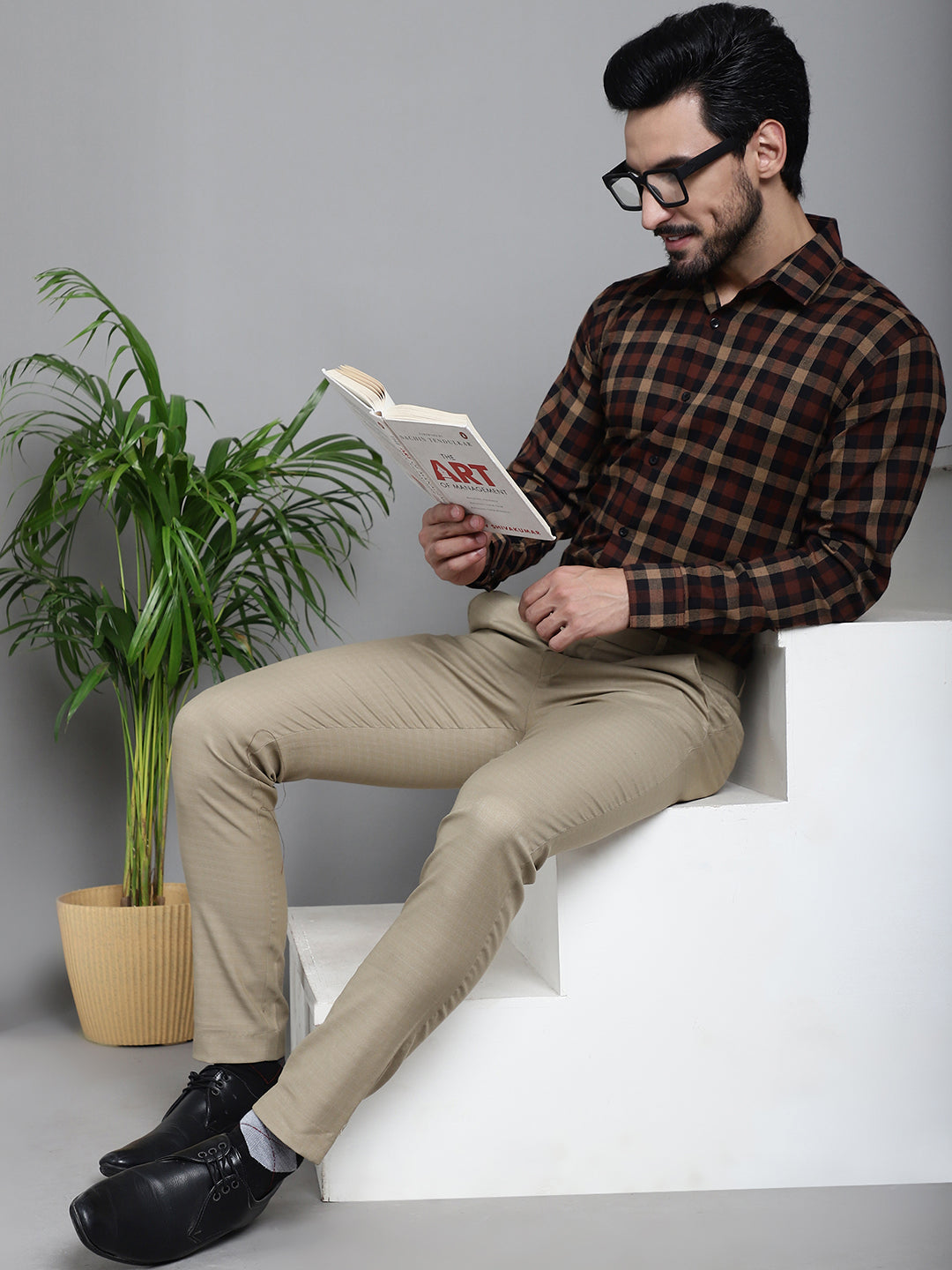 Indian Needle Men's Checked Formal Shirt - Brown | Swadesiicart