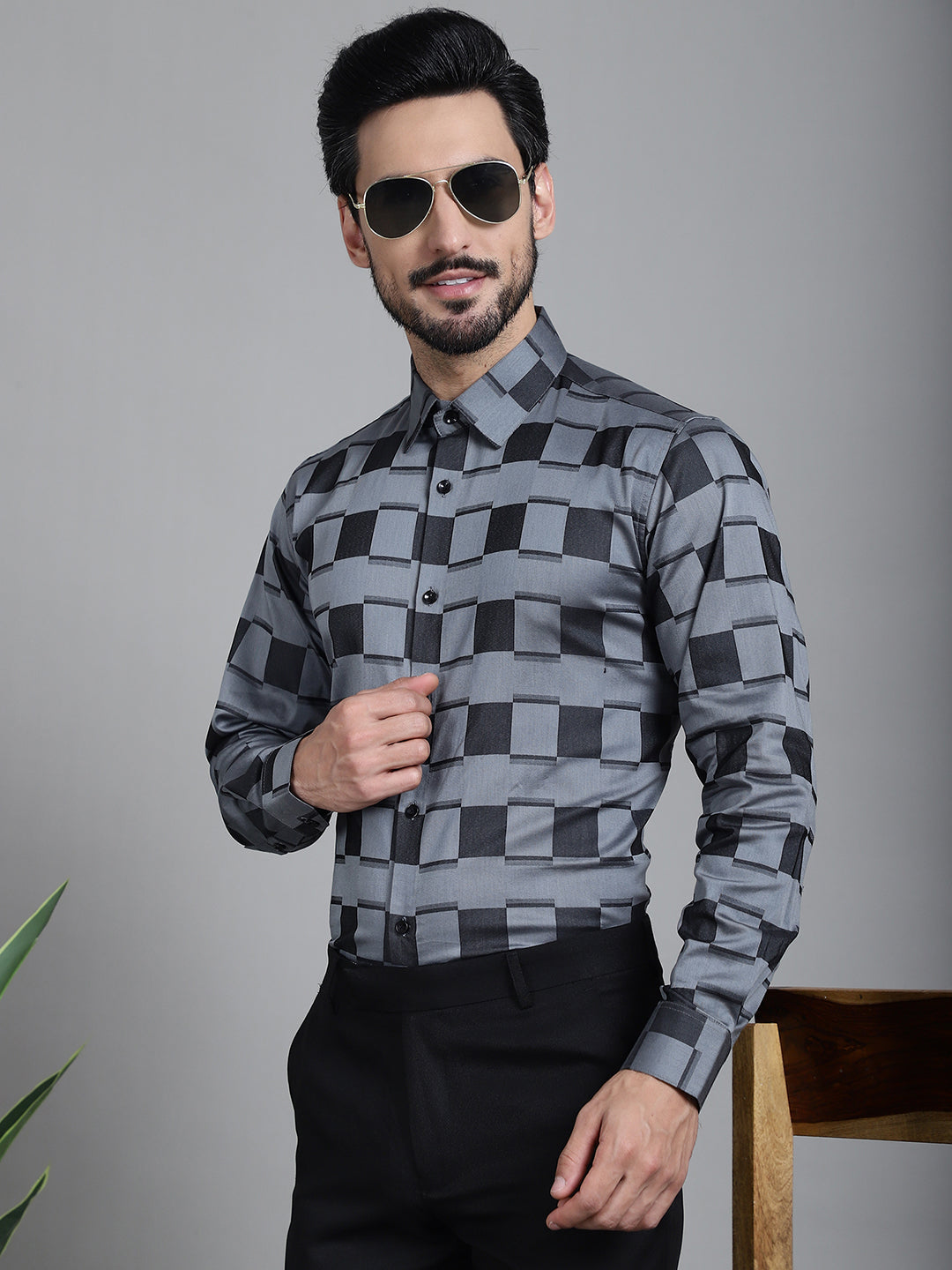 Indian Needle Men's Printed Formal Shirt - Grey | Swadesiicart