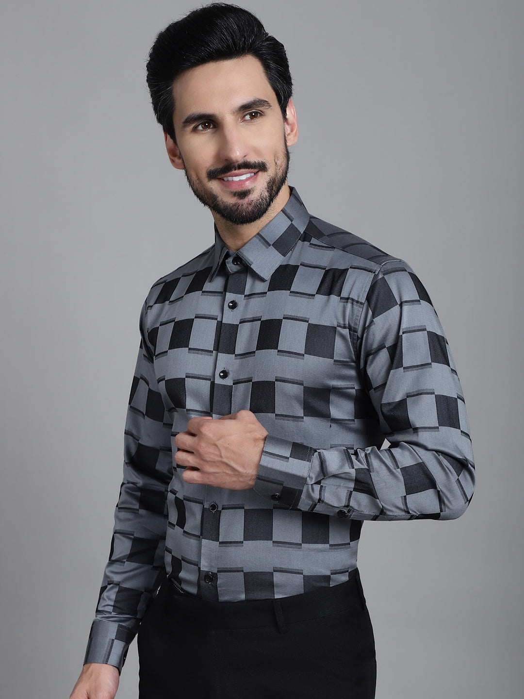 Indian Needle Men's Printed Formal Shirt - Grey | Swadesiicart