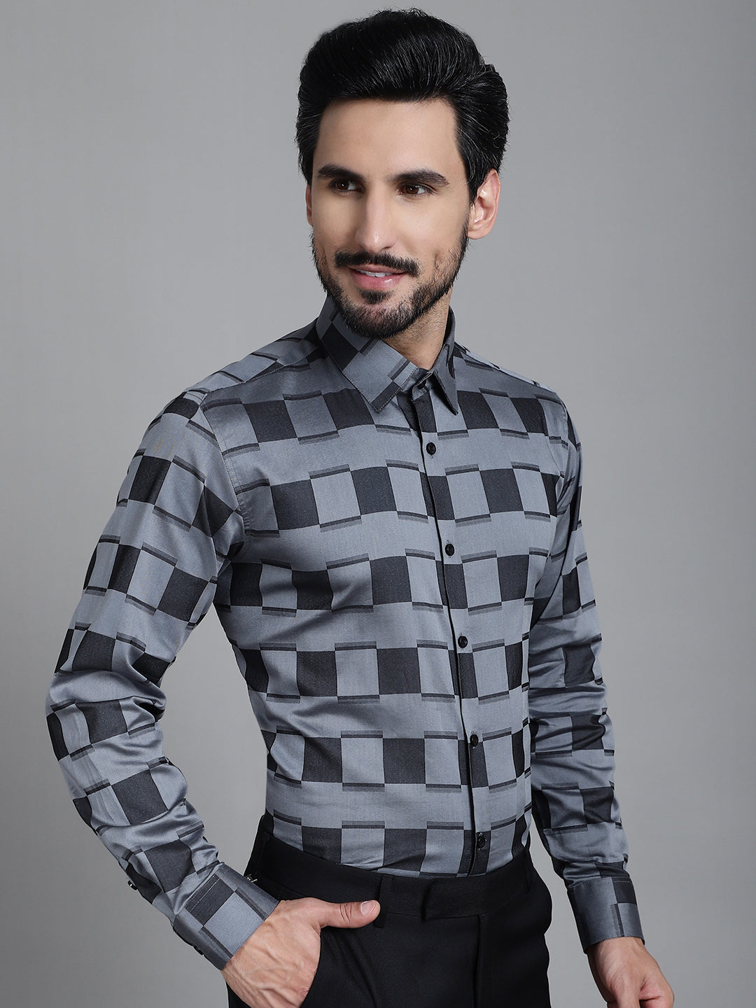Indian Needle Men's Printed Formal Shirt - Grey | Swadesiicart