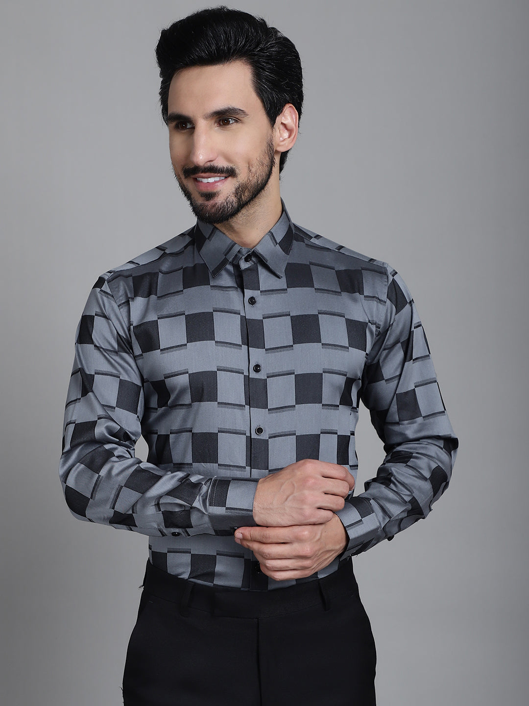 Indian Needle Men's Printed Formal Shirt - Grey | Swadesiicart