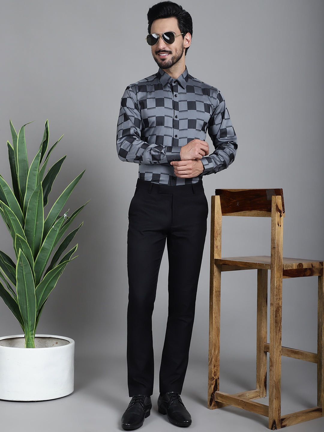 Indian Needle Men's Printed Formal Shirt - Grey | Swadesiicart