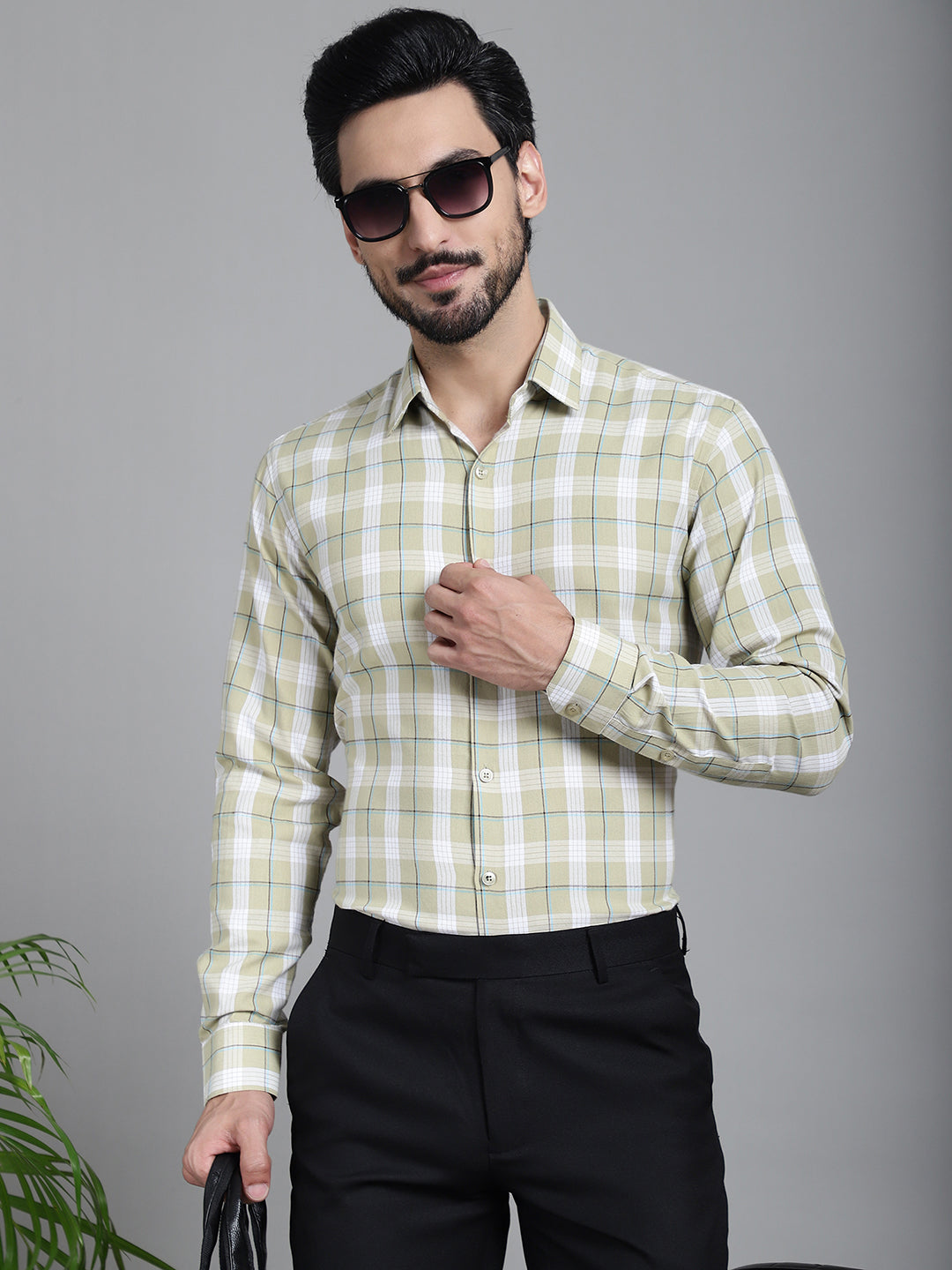 Indian Needle Men's Checked Formal Shirt - Beige | Swadesiicart