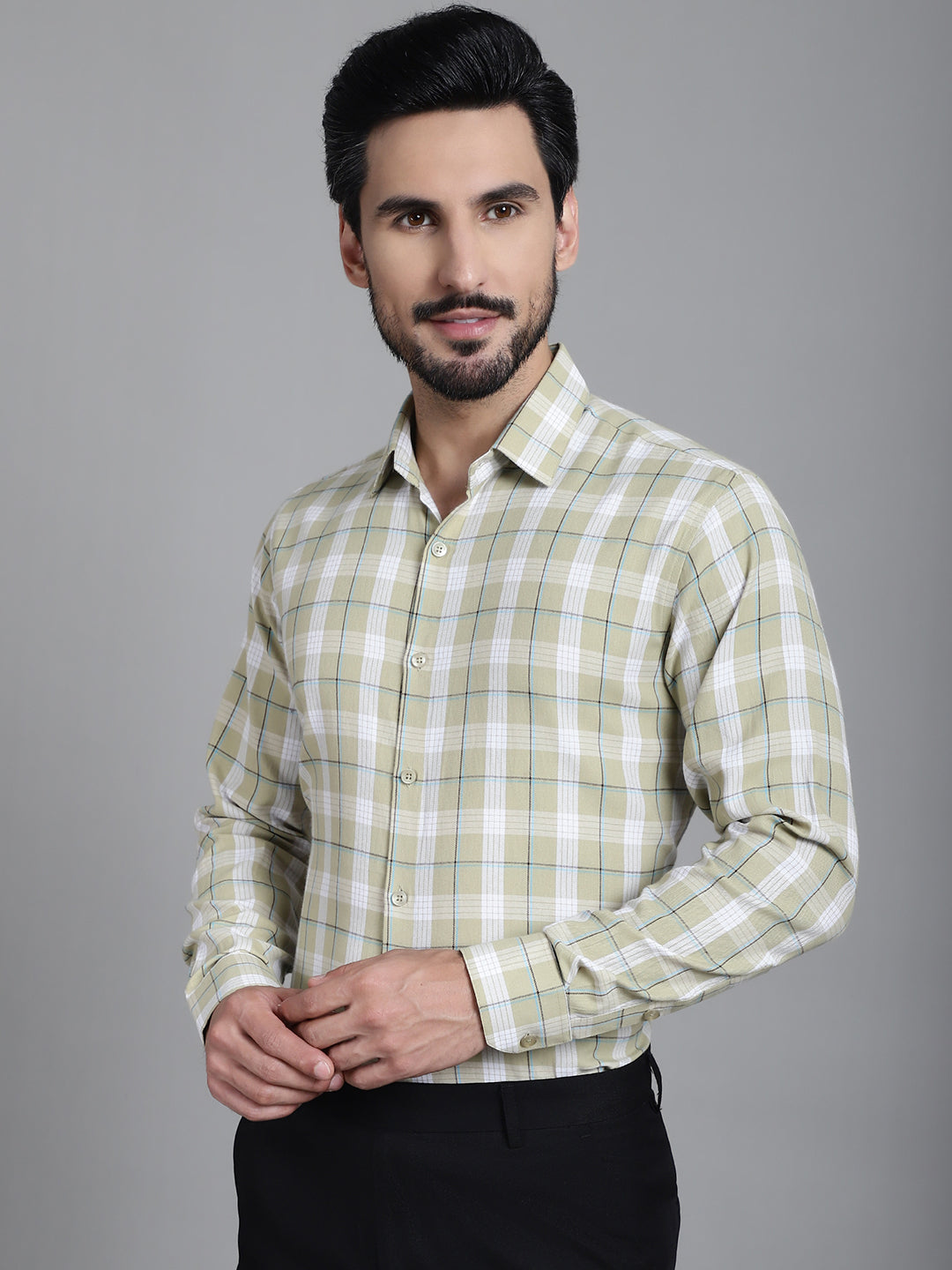 Indian Needle Men's Checked Formal Shirt - Beige | Swadesiicart