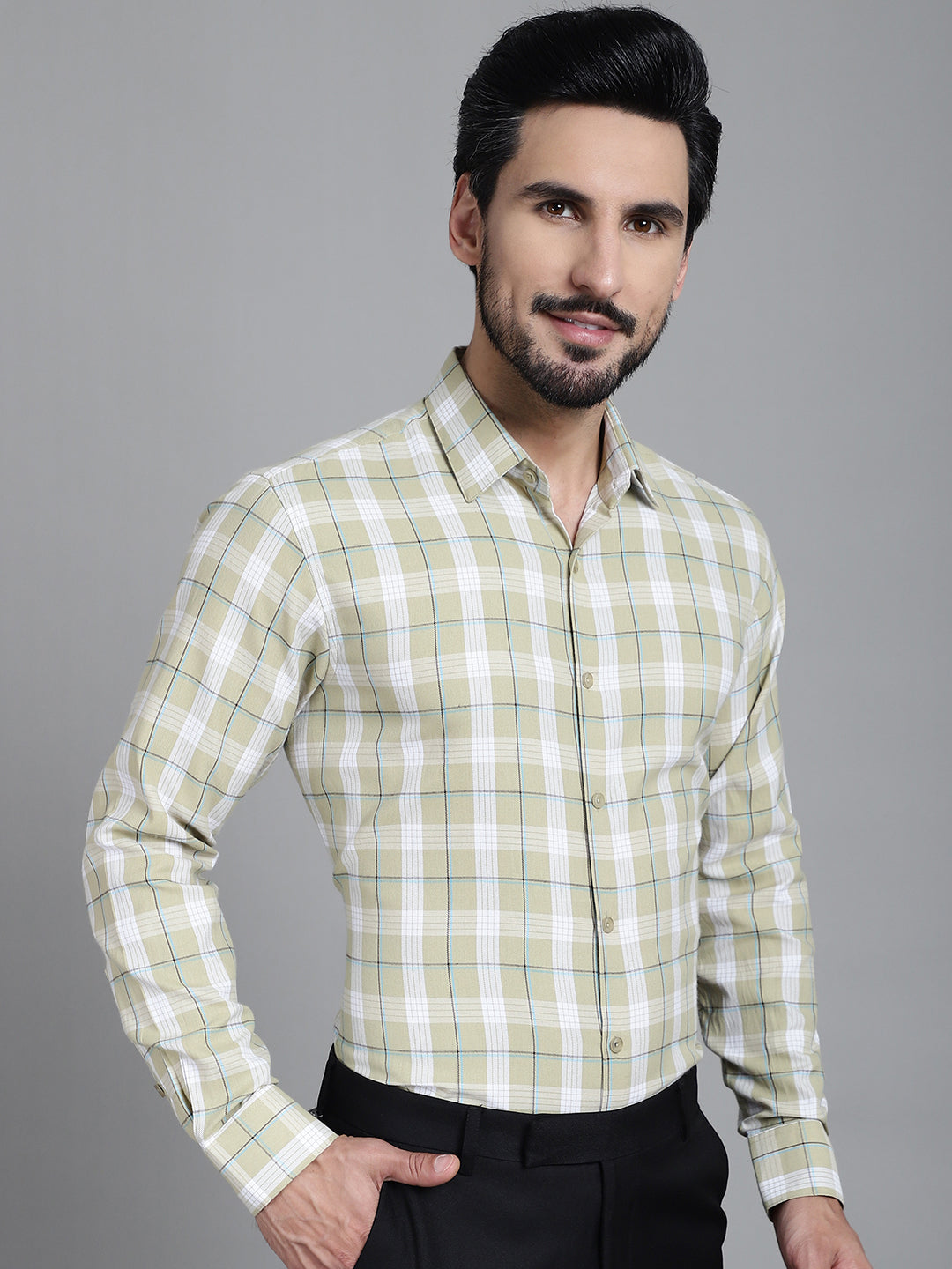 Indian Needle Men's Checked Formal Shirt - Beige | Swadesiicart