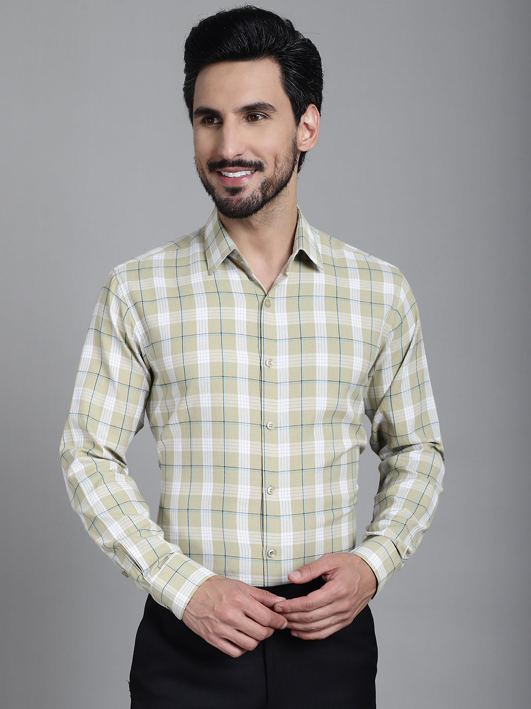 Indian Needle Men's Checked Formal Shirt - Beige | Swadesiicart