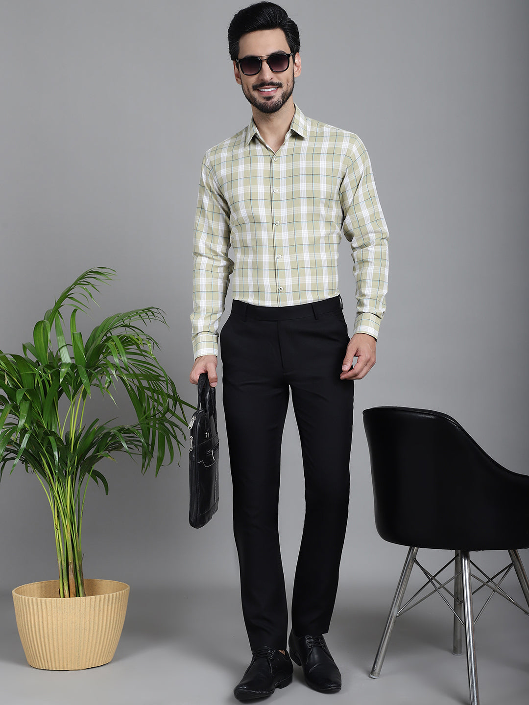 Indian Needle Men's Checked Formal Shirt - Beige | Swadesiicart
