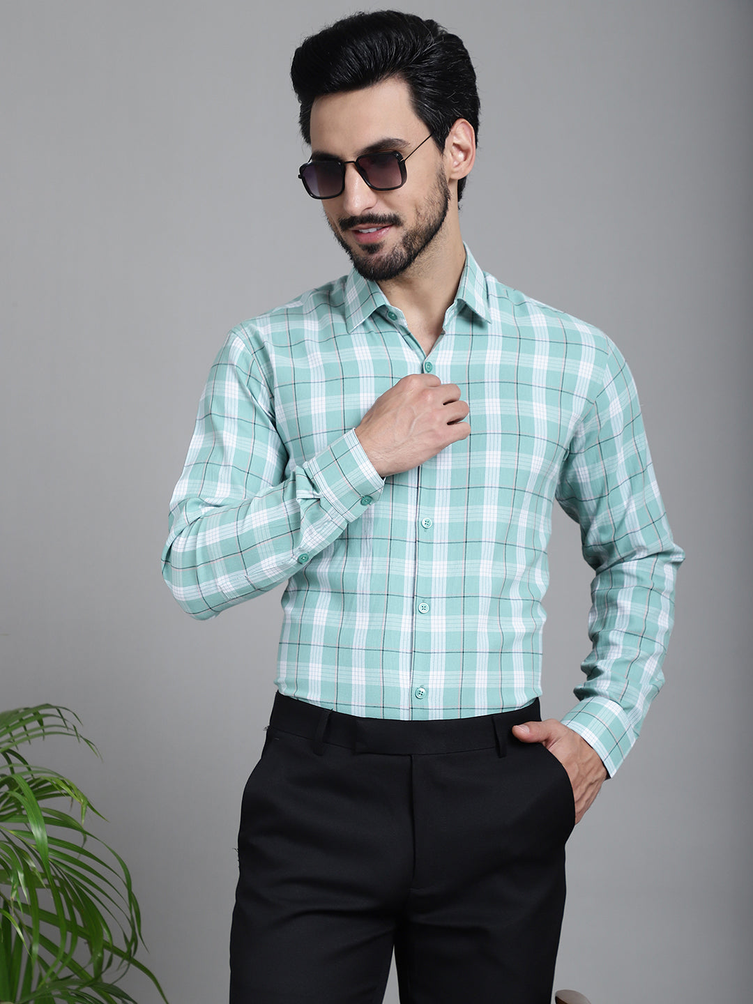 Indian Needle Men's Checked Formal Shirt - Green | Swadesiicart