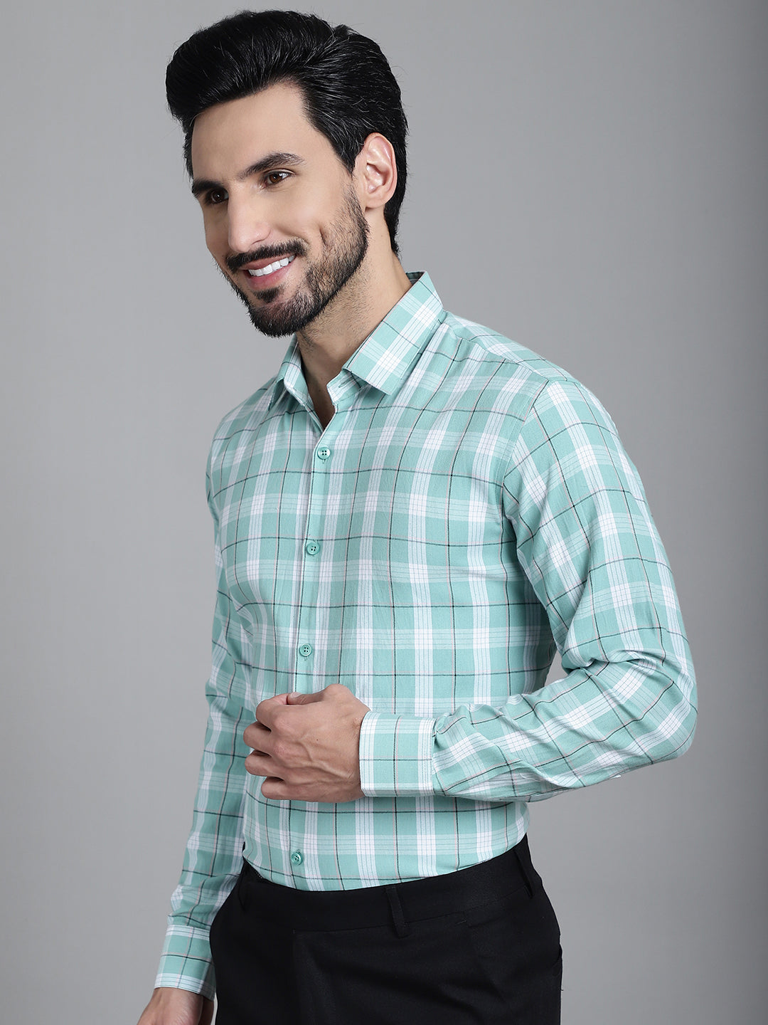 Indian Needle Men's Checked Formal Shirt - Green | Swadesiicart