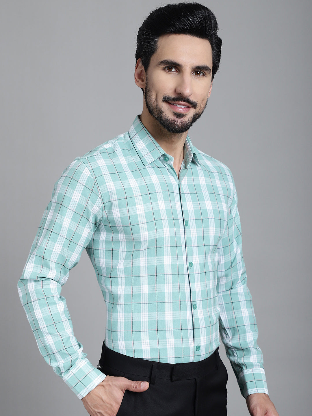 Indian Needle Men's Checked Formal Shirt - Green | Swadesiicart