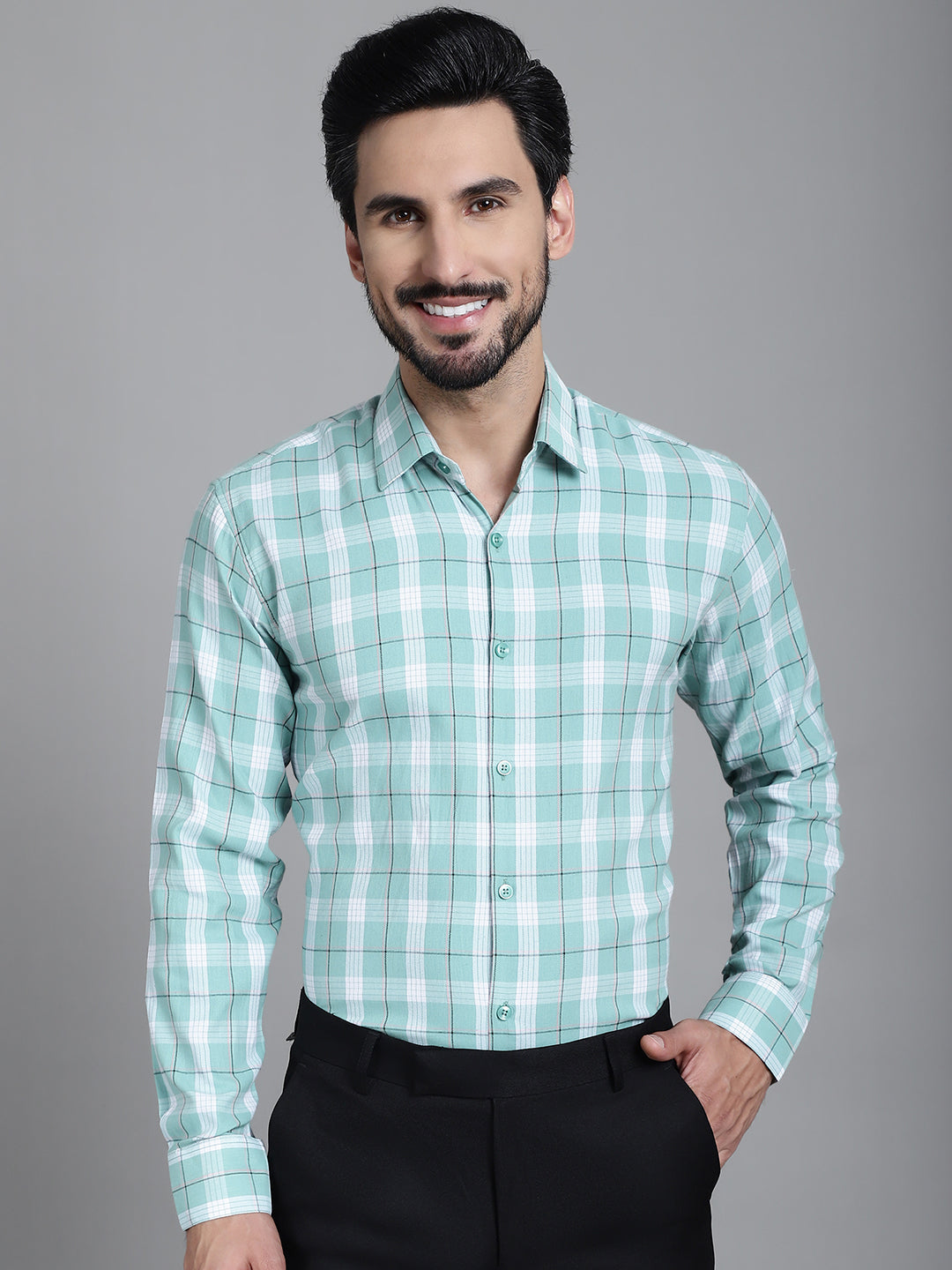 Indian Needle Men's Checked Formal Shirt - Green | Swadesiicart