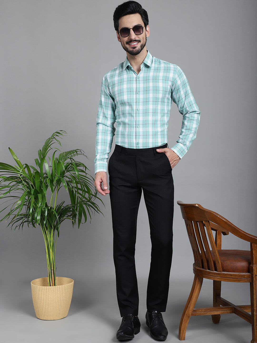 Indian Needle Men's Checked Formal Shirt - Green | Swadesiicart