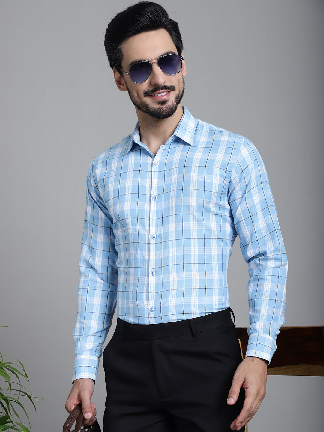 Indian Needle Men's Checked Formal Shirt - Sky Blue | Swadesiicart