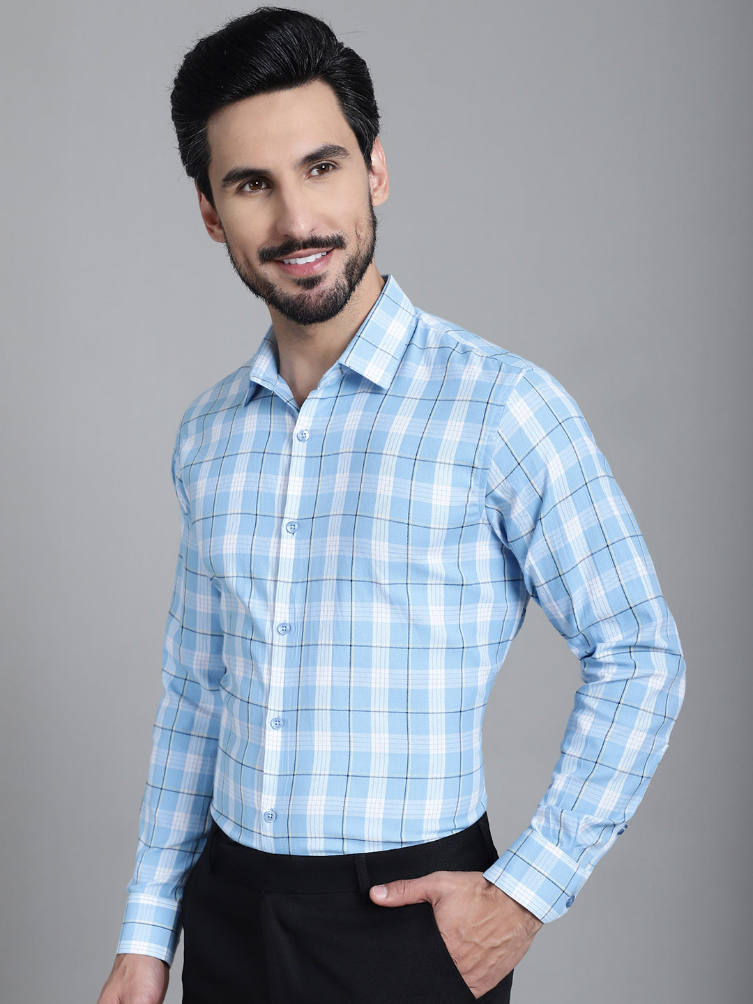 Indian Needle Men's Checked Formal Shirt - Sky Blue | Swadesiicart