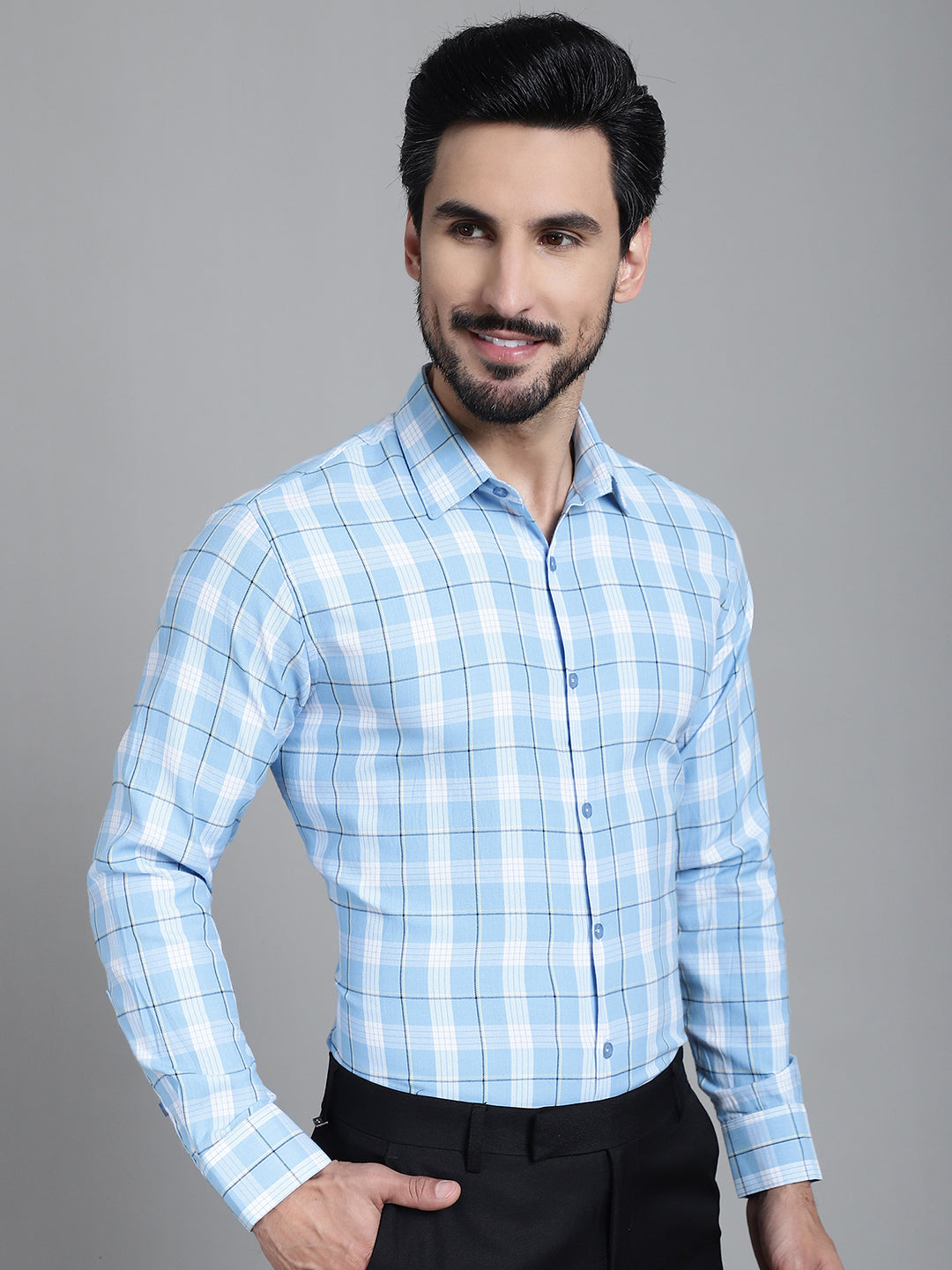 Indian Needle Men's Checked Formal Shirt - Sky Blue | Swadesiicart