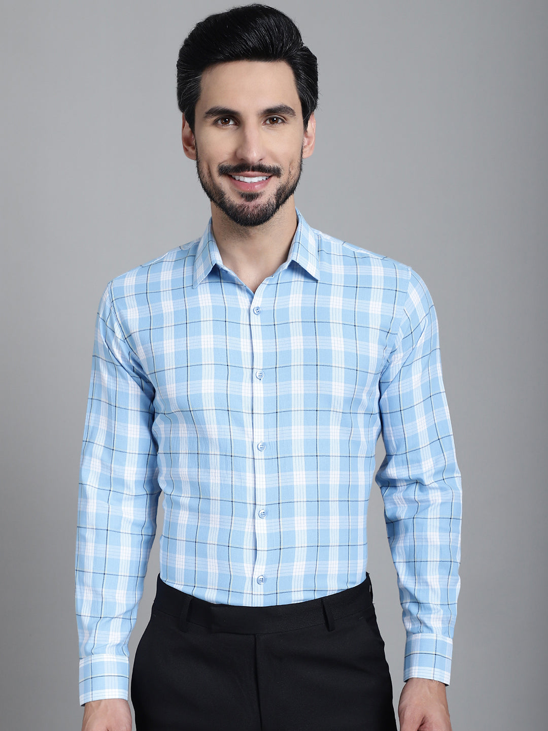 Indian Needle Men's Checked Formal Shirt - Sky Blue | Swadesiicart