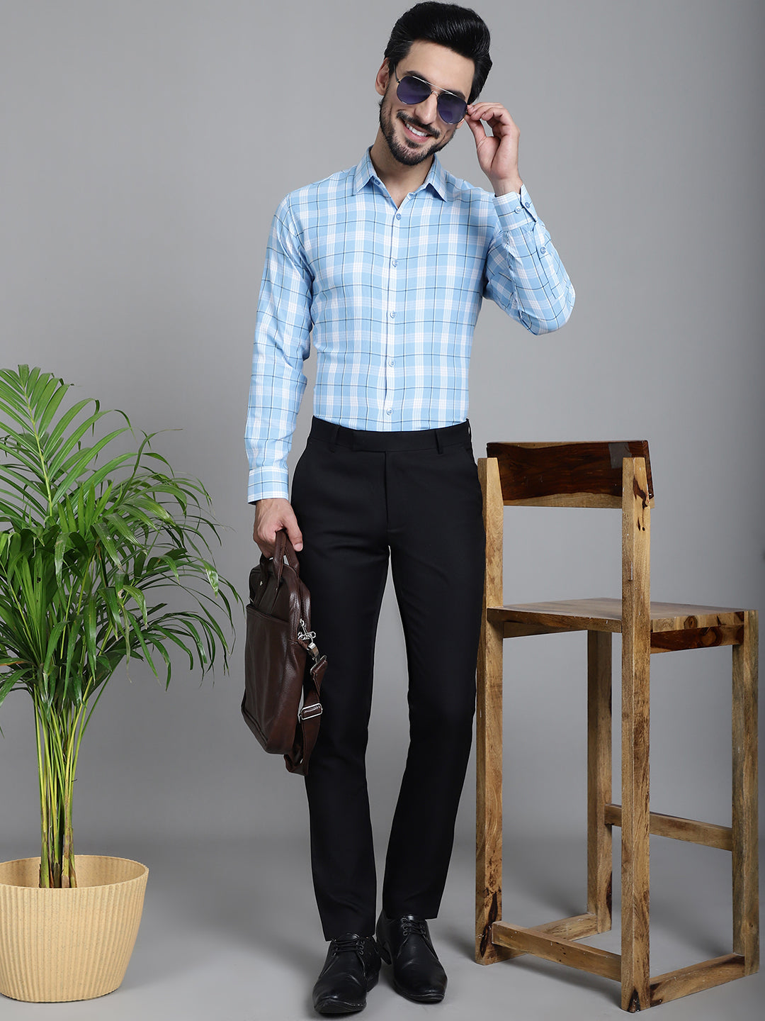 Indian Needle Men's Checked Formal Shirt - Sky Blue | Swadesiicart