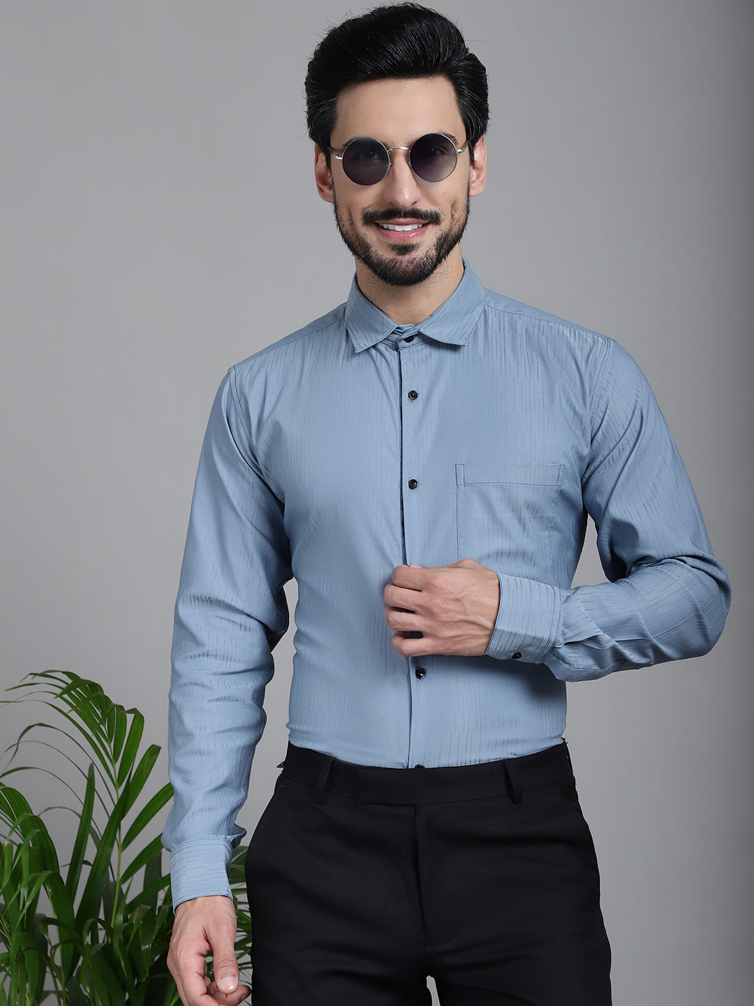 Indian Needle Men's Woven Design Formal Shirt - Grey | Swadesiicart